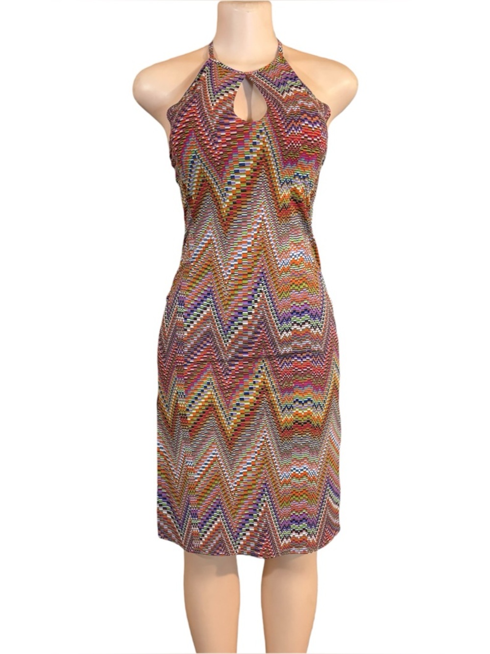 Vtg Y2K Halter Dress Midi Bodycon Sz S Multi Color Chevron Key Hole Hippie MOD
